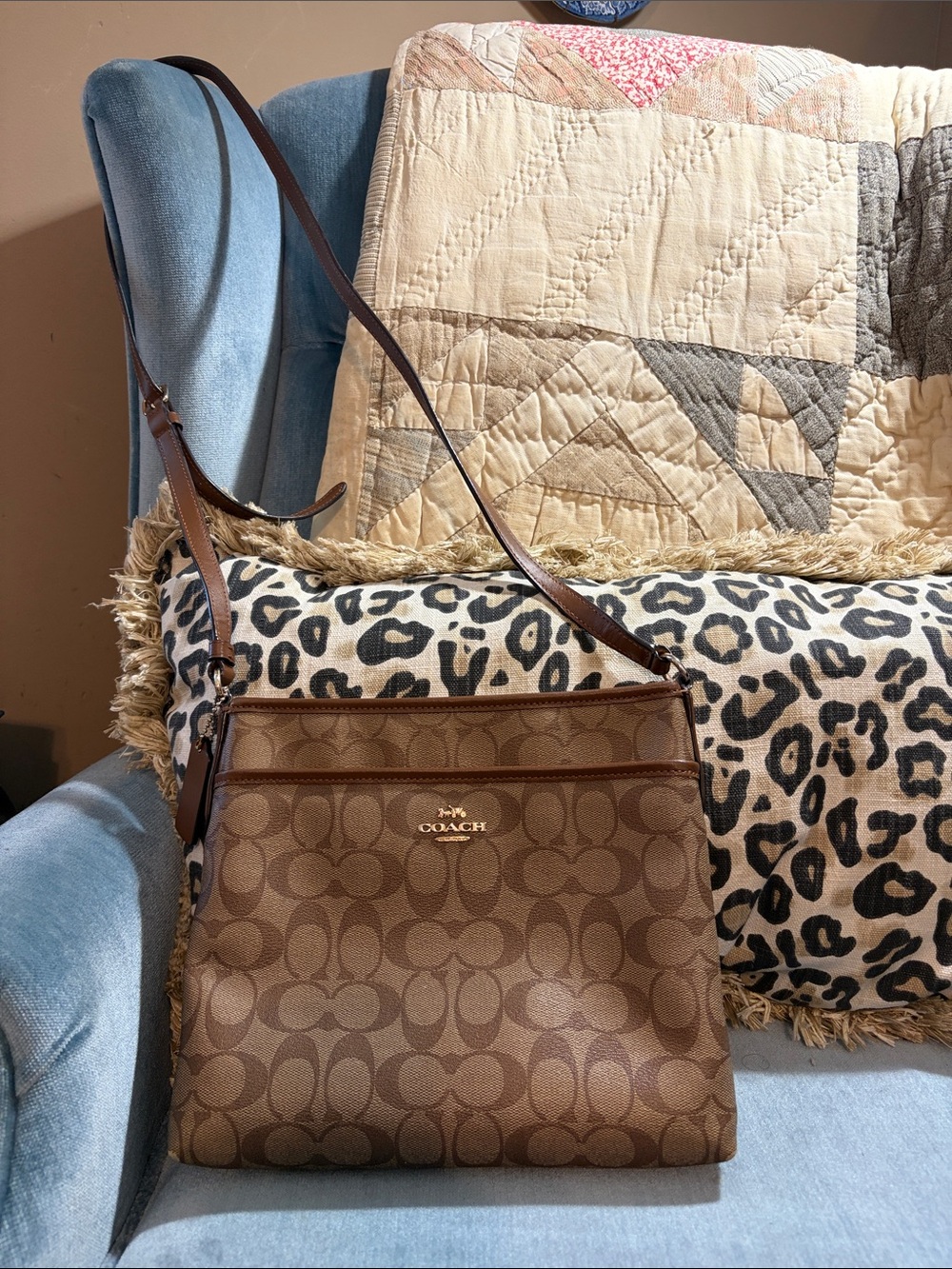 Coach Brown Signature Crossbody Bag with Gold Logo
